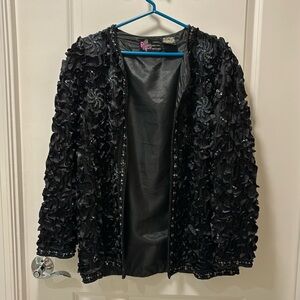 Ruffle vintage beaded 100% silk long black evening jacket by precious moments